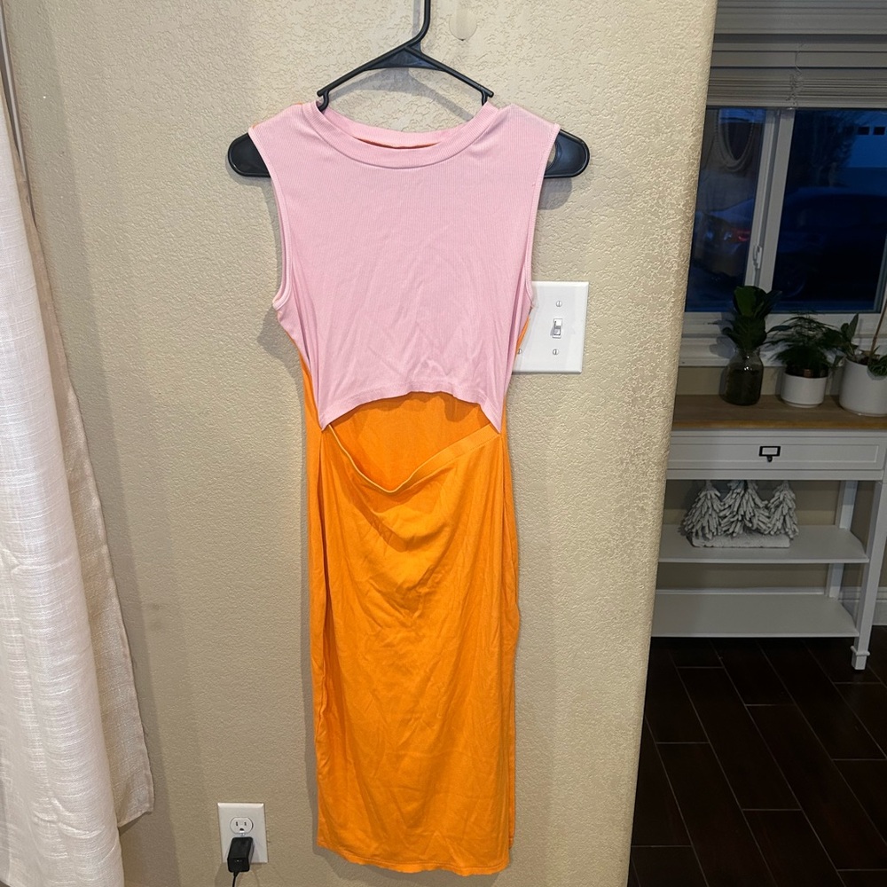 Orange and Pink Midi Cutout Dress Size L Vacation Colorblock Beach - Picture 2 of 8